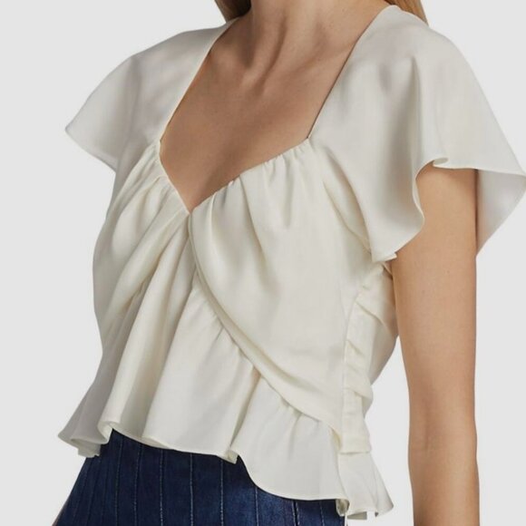 🧡3/15 FRAME Cream/Ivory Short Flutter Sleeve Silk Blouse Top Women's XS/TP - Picture 1 of 10